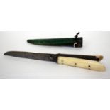 AN ANTIQUE INDIAN BONE HANDLED DAGGER with wrigglework decorated pewter decoration to the grip and