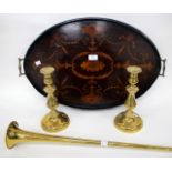 A LATE 19TH / EARLY 20TH CENTURY MAHOGANY OVAL TRAY with satinwood inlaid decoration and brass