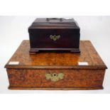 AN ANTIQUE ELM AND BURR WALNUT VENEERED RECTANGULAR BOX with a lifting lid, 41cm wide together