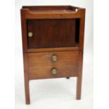 A GEORGE III MAHOGANY TAMBOUR FRONTED NIGHT STAND with a tray top, brass knob handles and square