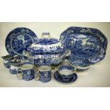 A SPODE ITALIAN PATTERN BLUE AND WHITE TUREEN AND COVER of shaped rectangular form; and nine further