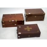 THREE MID TO LATE 20TH CENTURY TEAK CAMPAIGN STYLE BOXES, the largest 46cm wide (3)