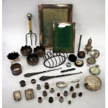 MISCELLANEOUS SILVER ITEMS to include three eastern white metal salts each 6cm diameter, a