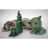 A LLADRO PORCELAIN MODEL OF A DOG, 26cm in length together with two pottery cats (3)