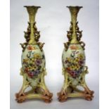 A PAIR OF ANTIQUE GERMAN RUDOLSTADT VOLKSTEDT IVORY PORCELAIN VASES, each with hand painted floral