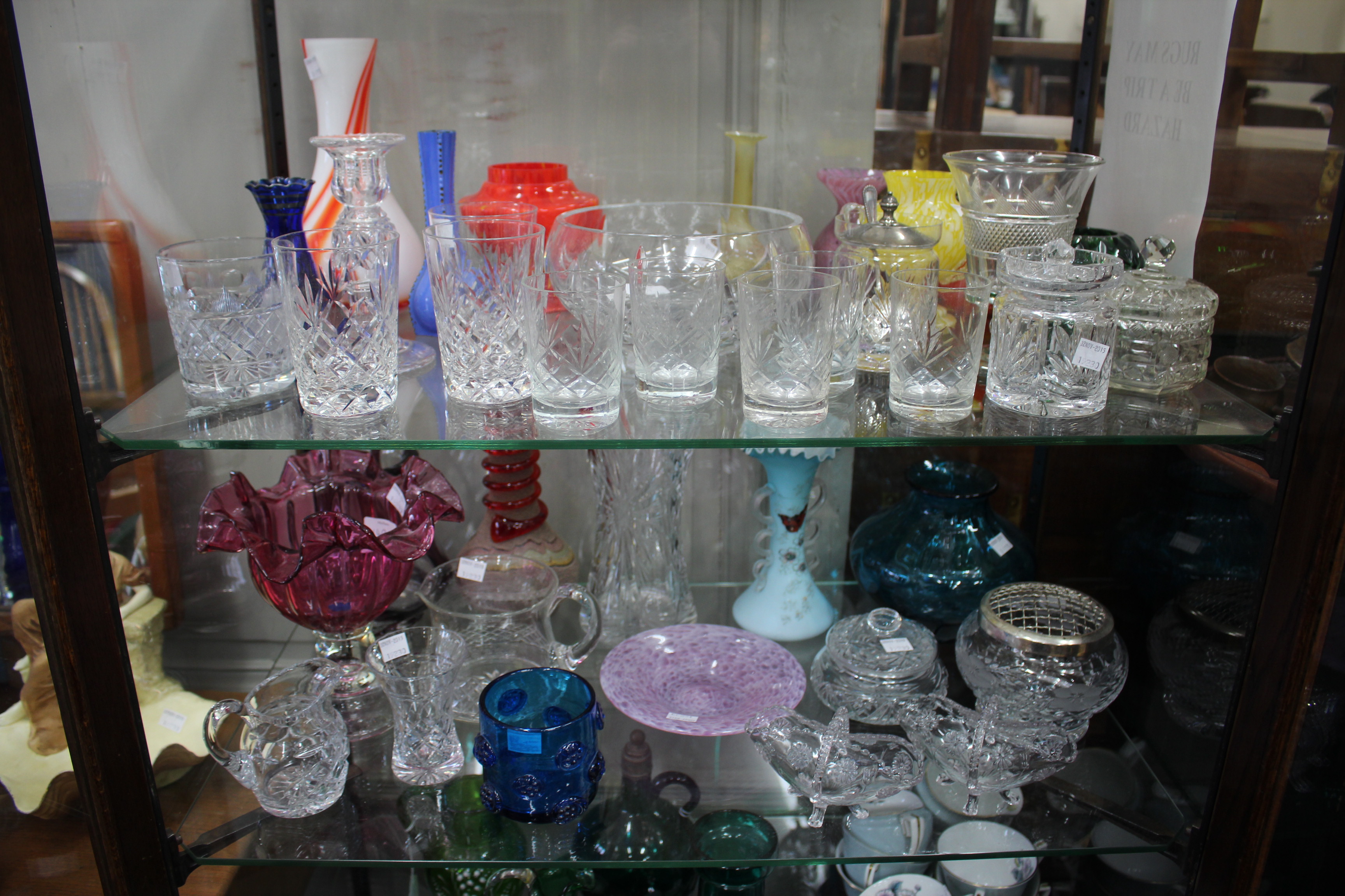 A COLLECTION OF ANTIQUE AND LATER GLASSWARE to include vases, tumblers etc