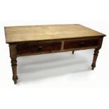 A VICTORIAN PINE RECTANGULAR KITCHEN TABLE with two frieze drawers with turned knob handles and