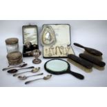 MISCELLANEOUS SILVER TO INCLUDE a part set of cased coffee spoons and tongs,a  silver table lighter,