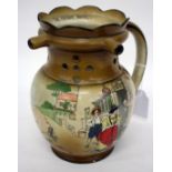 A BURLEIGH WARE PUZZLE JUG printed with 'The Leather Bottel' pattern together with rhyme, 20cm high