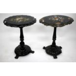 TWO 19TH CENTURY PAPIER MACHE TILT TOP TABLES each with mother of pearl inlay and hand painted