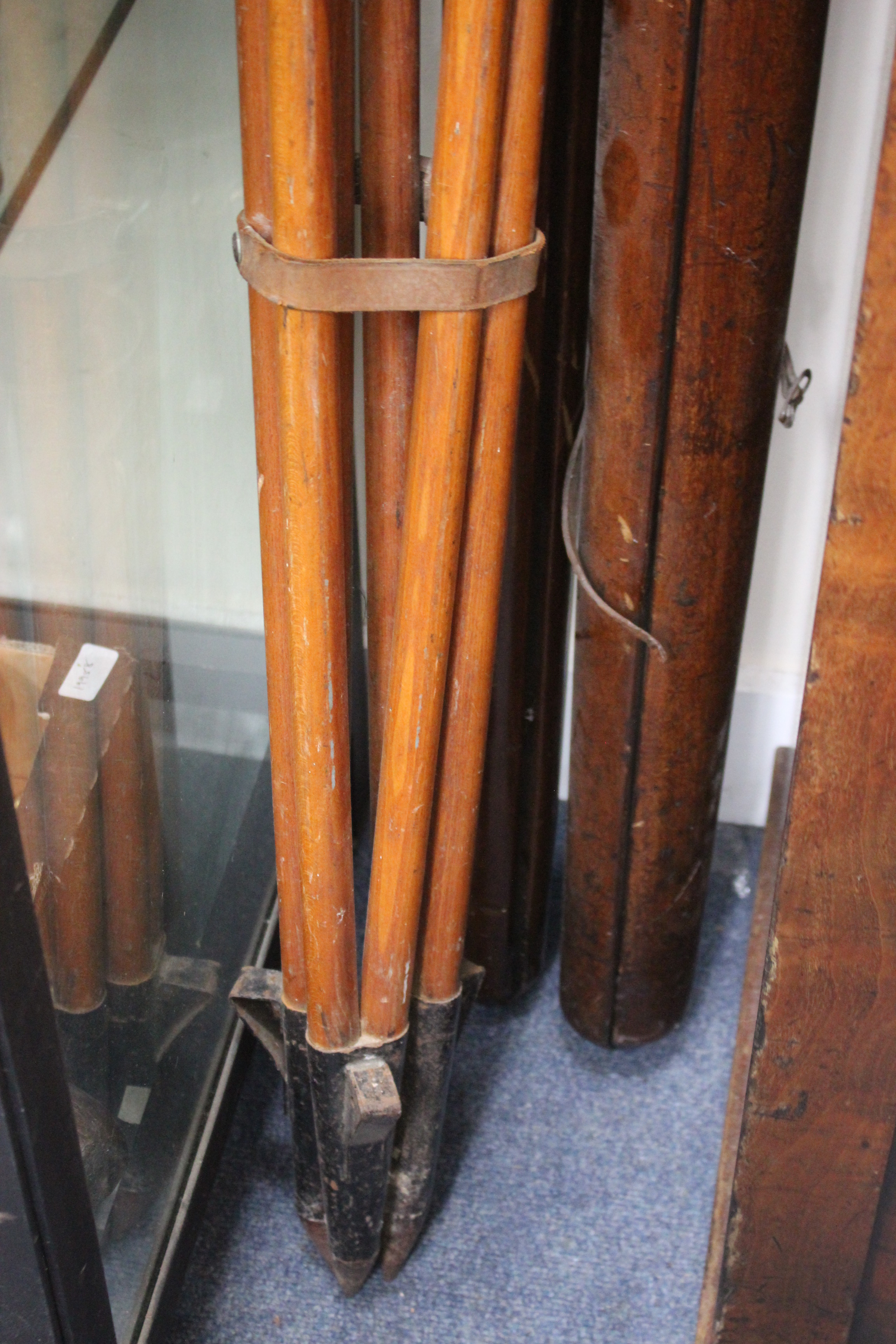 A 19TH CENTURY LARGE MAHOGANY AND BRASS TRIPOD 176cm in length, a similar tripod and an early 20th - Image 2 of 2