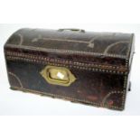 A GEORGIAN STUDDED LEATHER BOUND DOME TOPPED SMALL TRUNK with original retailers label, 'The