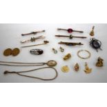 FIVE ANTIQUE GILT METAL AND SEMI PRECIOUS STONE INSET BAR BROOCHES, 9 carat gold charms, a silver