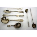 A 19TH CENTURY SILVER CADDY SPOON by James McKay, 9.5cm in length together with further antique