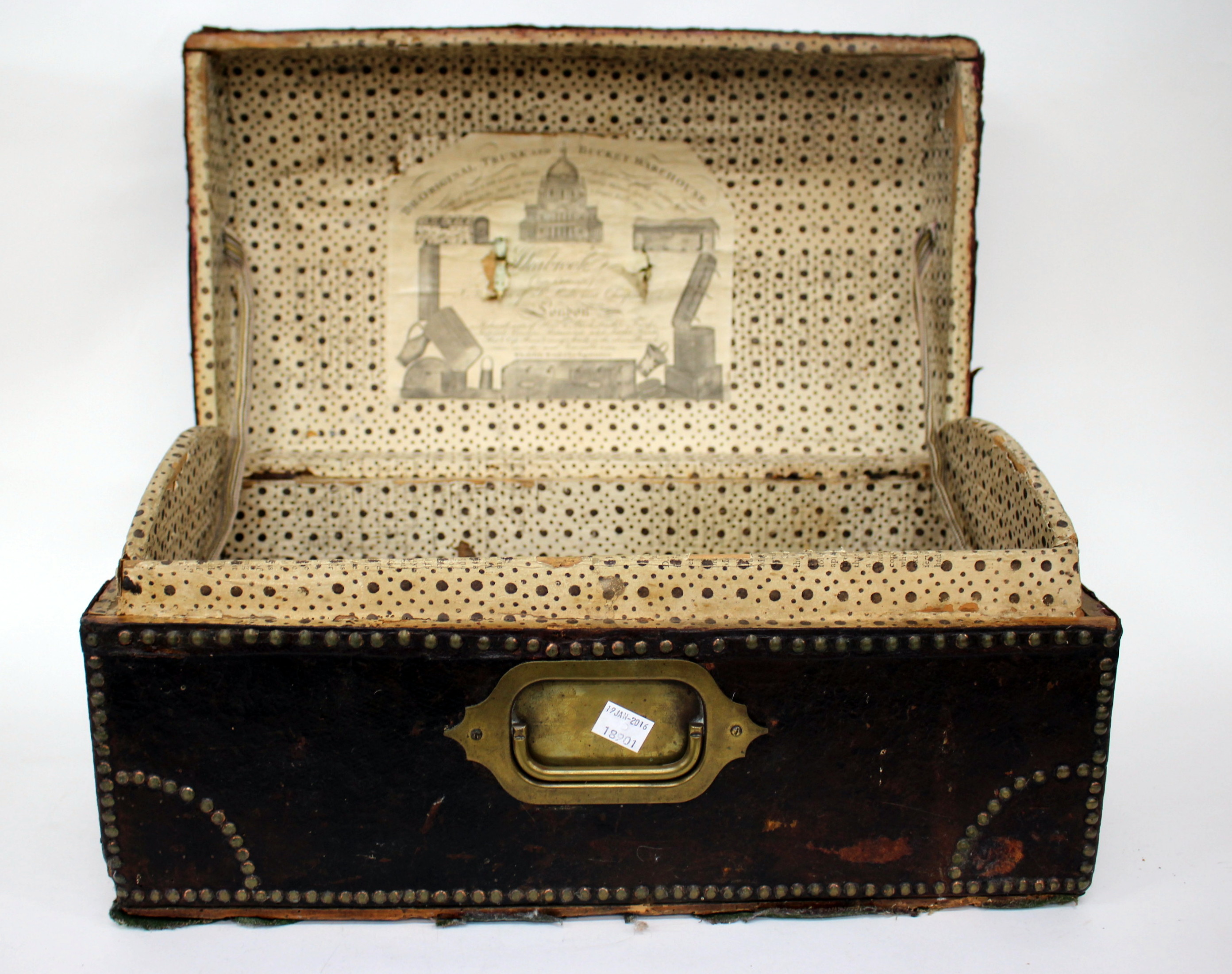 A GEORGIAN STUDDED LEATHER BOUND DOME TOPPED SMALL TRUNK with original retailers label, 'The - Image 3 of 3