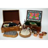 A VICTORIAN MAHOGANY WORKBOX together with a further workbox, a small collection of hat pins and