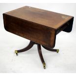 A GEORGE III MAHOGANY SOFA TABLE with a cross banded top, single frieze drawer with brass handles