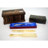 A 19TH CENTURY SORRENTO WARE BOX, 24cm wide together with a 19th century ivory letter opener, the