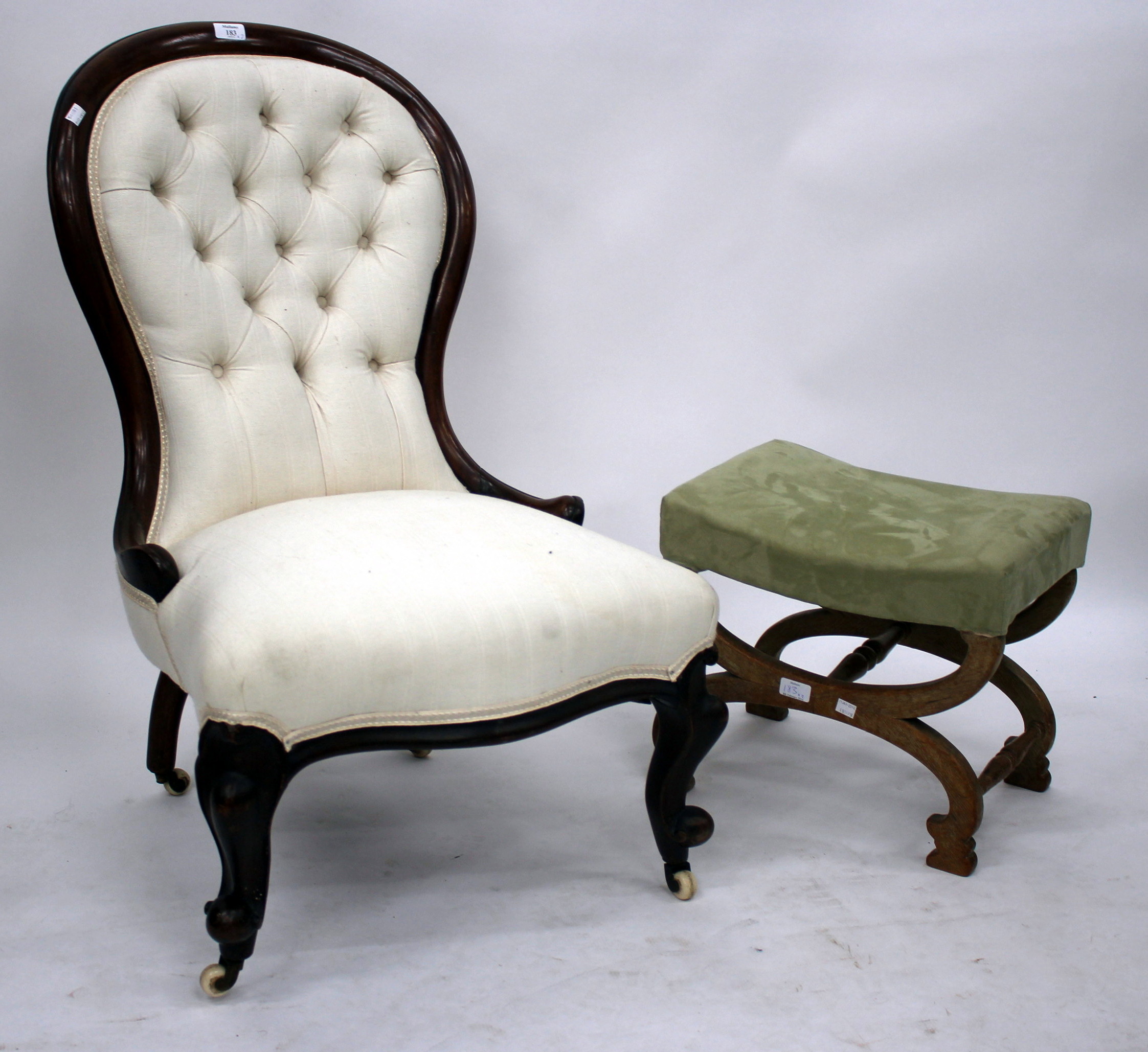 A VICTORIAN BUTTON UPHOLSTERED NURSING CHAIR with cabriole legs 59cm wide together with an oak