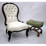 A VICTORIAN BUTTON UPHOLSTERED NURSING CHAIR with cabriole legs 59cm wide together with an oak