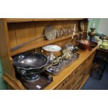 MISCELLANEOUS ITEMS TO INCLUDE two vintage fishing rods, a silver plated tray, a brass oil lamp, a