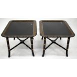 A PAIR OF 20TH CENTURY LACQUERED TRAY TOP TABLES with gilded decoration and faux bamboo supports,