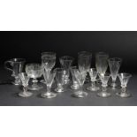 A GROUP OF VARIOUS ANTIQUE WINE, CORDIAL AND SYLLABUB GLASSES to include a fluted ale glass, three