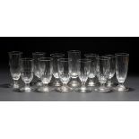 A GROUP OF TWELVE STRAIGHT SIDED WINE GLASSES with moulded bases to the bowls, plain stems and