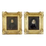 A PAIR OF ANTIQUE ENGLISH SCHOOL HALF LENGTH PORTRAITS of a young woman and a young man, both with