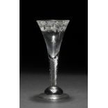 AN ANTIQUE RUMMER WINE GLASS, the trumpet shaped bowl decorated with fruiting vines on an air