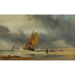 A 19TH CENTURY ENGLISH SCHOOL, figures on a beach with ships in a rough sea beyond, oil on board,