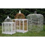 A VICTORIAN WHITE PAINTED WIRE WORK PARROT CAGE, 37cm wide x 64cm high together with a white painted