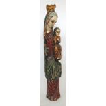 AN EARLY 20TH CENTURY POLYCHROME PAINTED CARVED WOODEN FIGURE of a mother and child 98cm in height