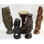 FIVE PIECES OF CARVED WOODEN ETHNIC ART to include a drum (5)