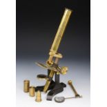 A 19TH CENTURY LACQUERED BRASS MONOCULAR MICROSCOPE by Newton & Co., London, in original stained