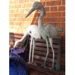 THREE OLD CAST METAL STATUES, two cranes and a heron, the heron 87cm in height (3)