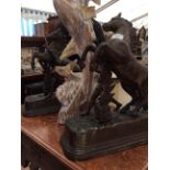 A PAIR OF BRONZED MARLEY REARING HORSE SCULPTURES together with a hanging light fitting and a carved