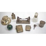 A GROUP OF NINE SILVER AND OTHER ITEMS consisting of two vesta cases, a capstan inkwell, a pill box,