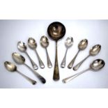 SIX EARLY 20TH CENTURY SHEFFIELD SILVER DESSERT SPOONS, a silver ladle with marks for Sheffield