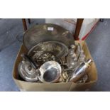 A QUANTITY OF SILVER PLATED WARES to include a tea kettle and stand, trays, a condiment set, a