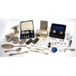 A GROUP OF SILVER AND SILVER PLATED ITEMS to include a silver cigarette box, a silver stilton scoop,