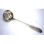 A LATE 19TH CENTURY RUSSIAN SILVER FIDDLE PATTERN SOUP LADLE, marked 1874 and makers mark SF,