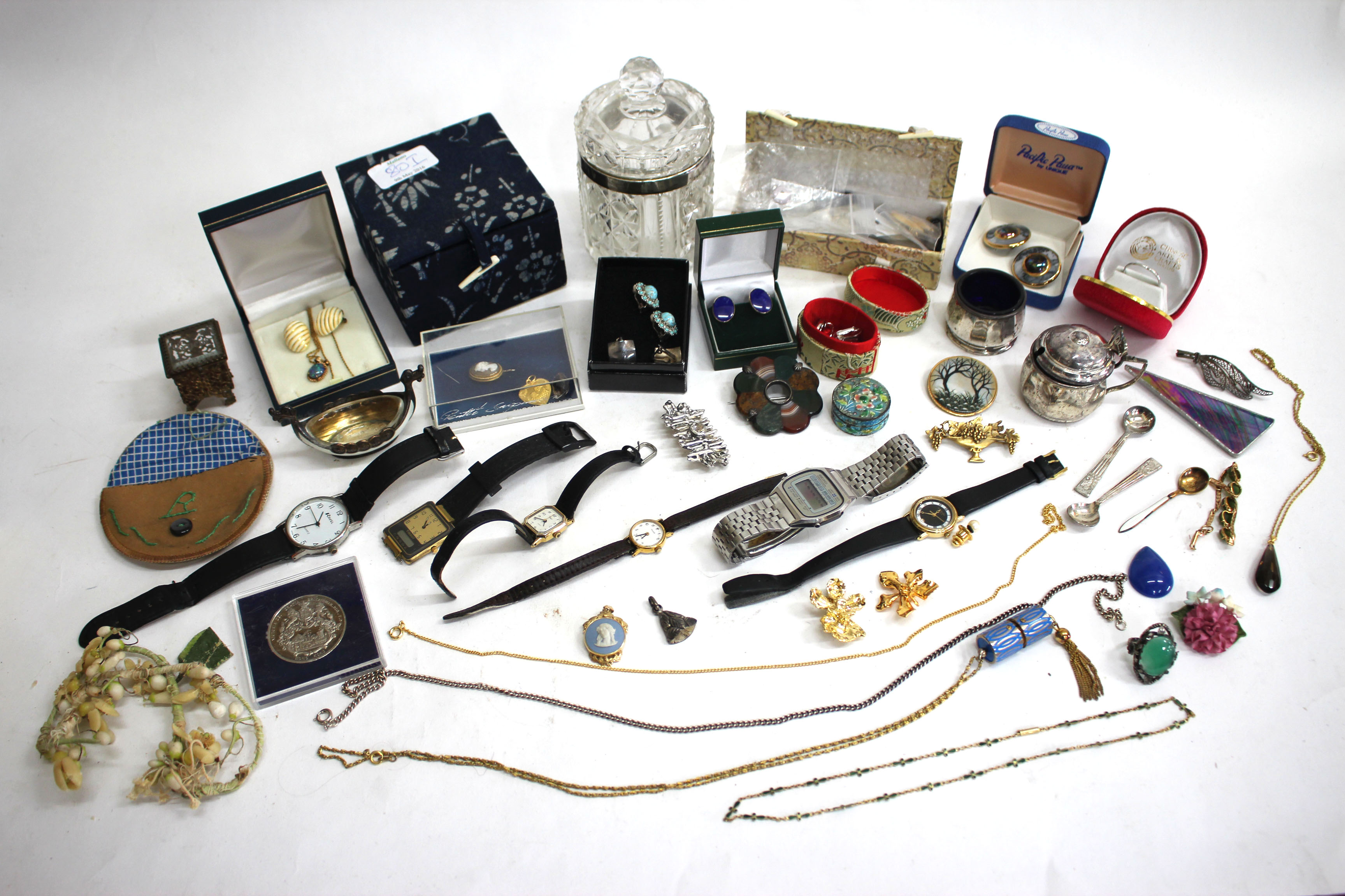 A SILVER SALT and a mustard pot, a quantity of paste jewellery, a Rodania pendant, a watch etc.