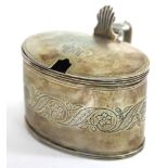 A GEORGE III SILVER OVAL MUSTARD POT with engraved floral decoration in a band with shell moulded