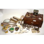 A WALNUT BOX containing various silver and other items to include a silver backed mirror, mother