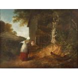 19TH CENTURY ENGLISH SCHOOL, an old lady approaching a young girl by a farm gate, oil on canvas,