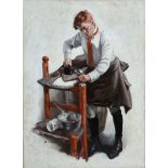 A.D. RAHN (20TH CENTURY SCHOOL) 'Ironing the pinstripe trousers', oil on canvas, signed lower