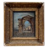 FOLLOWER OF GUARDI 'Venetian Arch', oil on canvas in a gilded gesso frame, 22cm x 20cm