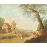 18TH CENTURY SCHOOL, figures resting by a road, oil on canvas, unsigned, 29.5cm x 36.5cm, with an