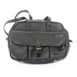 A BLACK LEATHER HANDBAG with a tartan lining and bearing a Mulberry label, 41cm wide